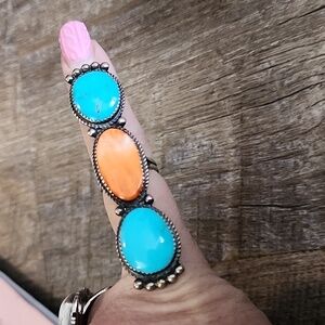 Signed turquoise and spiny oyster ring